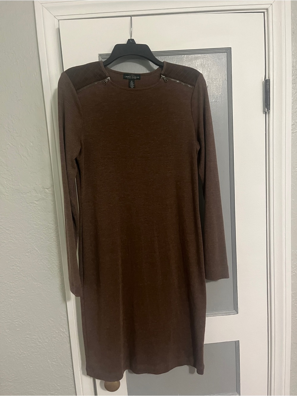 Lauren Ralph Lauren Brown Long Sleeve Knit Dress with Zip Shoulder Detail